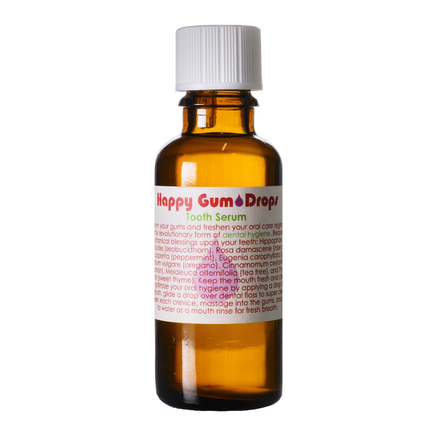 An amber glass bottle labeled "Living Libations Happy Gum Drops" with a white screw cap. The label has red and white text listing natural ingredients and usage instructions. The bottle appears to be designed for dental hygiene, promoting gum health and fresh breath.