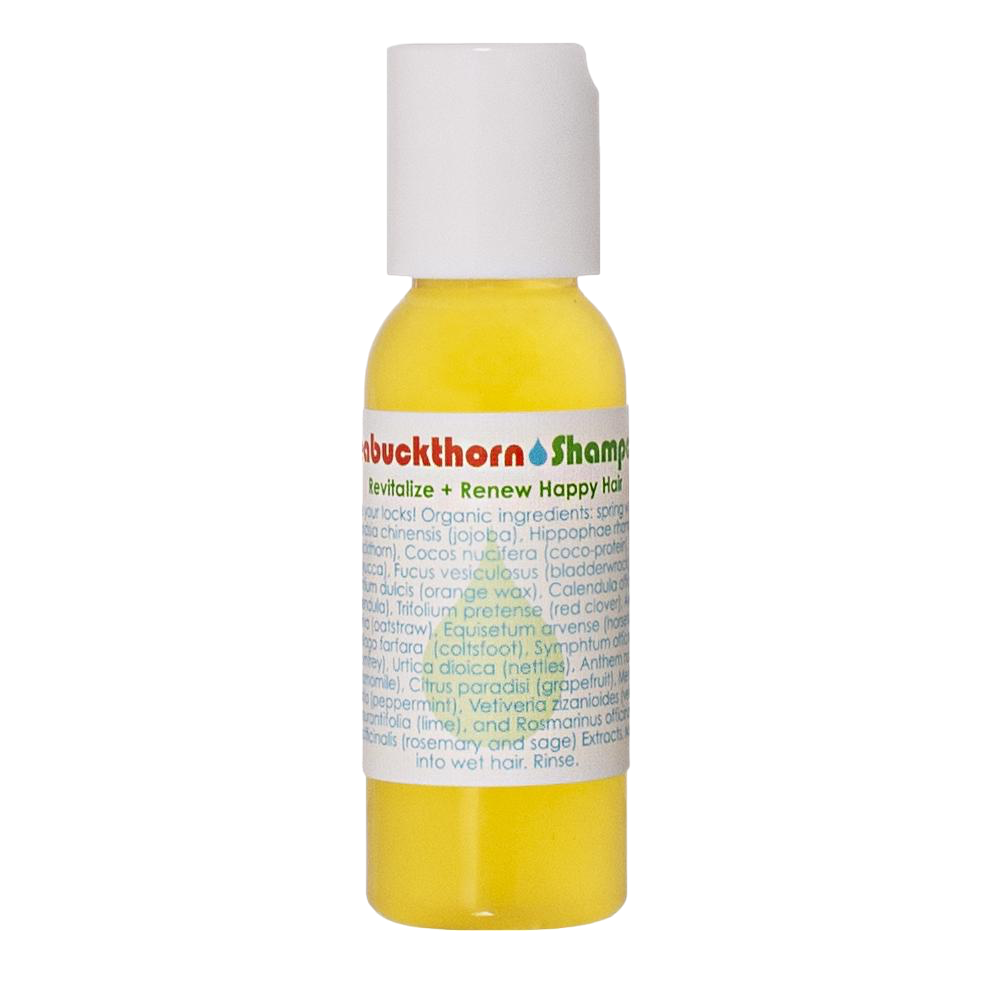 A small, yellow bottle of Living Libations' Seabuckthorn Shampoo, labeled "Seabuckthorn Shampoo," highlights text on its organic ingredients and benefits. The white flip-top cap securely seals in 1-2 ounces of botanical delights enriched with coco-protein, ensuring a nourishing wash every time.