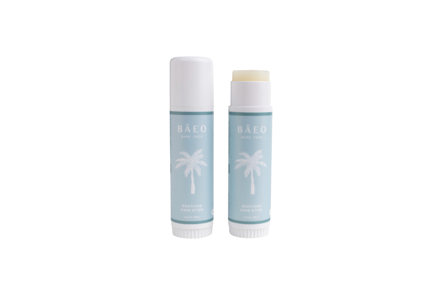 Two light blue tubes of bāeo bare face hydrating stick, with white palm tree graphics—one open to reveal the balm, one closed—are shown on a white background. Made with organic botanicals for gentle skin care.