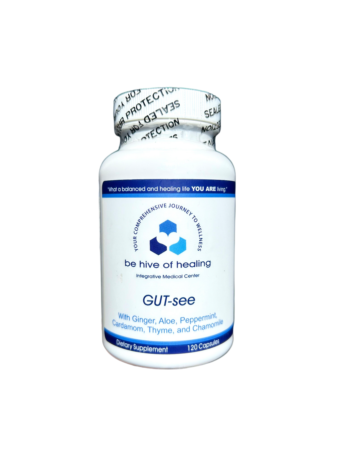 A white bottle labeled "Be Hive of Healing Wellness Store" with the product name "GUT-see - Digestion Supplement" contains an herbal blend of ginger, aloe, peppermint, cardamom, thyme, and chamomile. The bottle holds 120 capsules and is set against a black background.