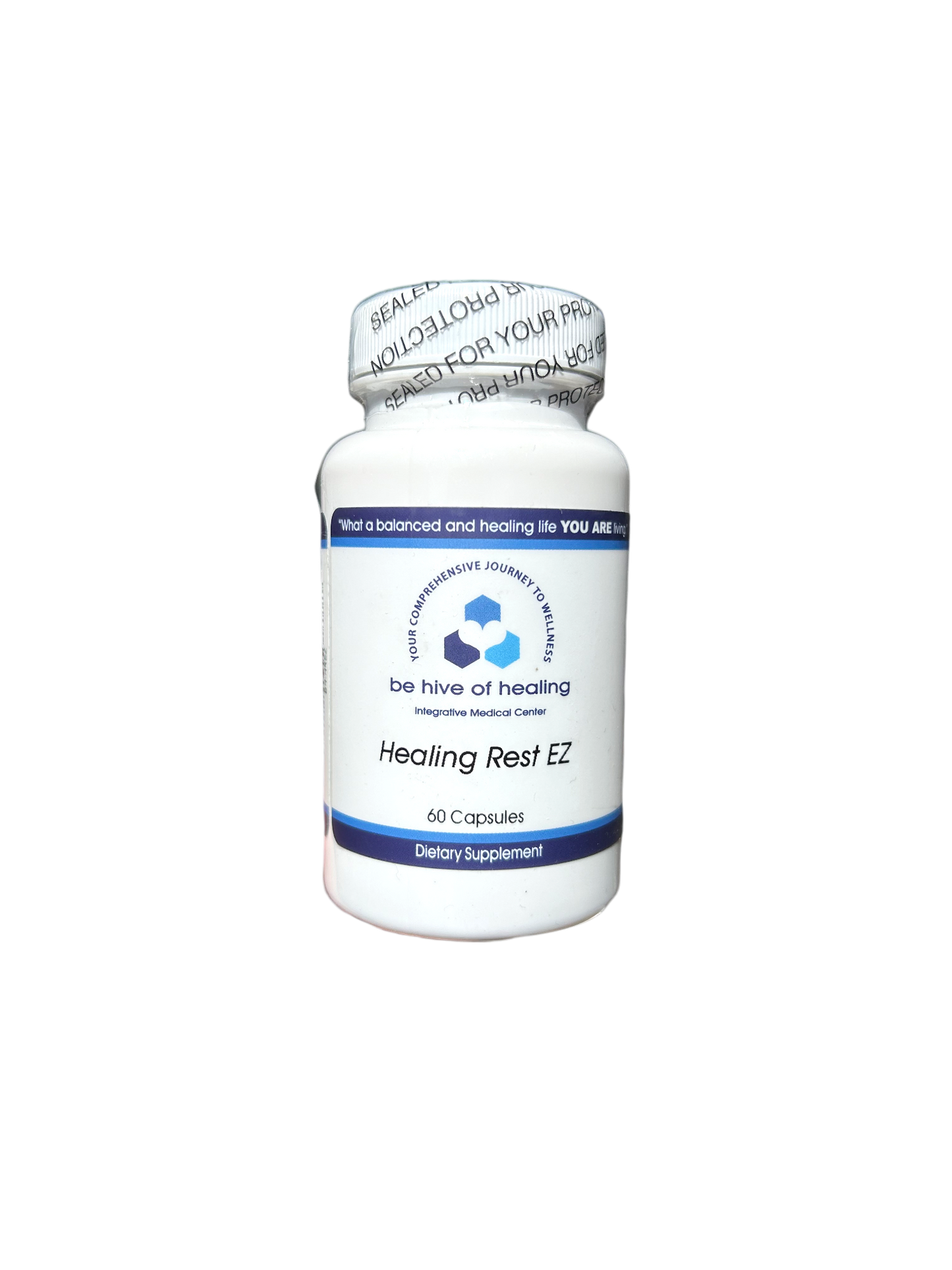 A white bottle labeled "Healing Rest EZ - Sleep Supplement" from Be Hive of Healing Wellness Store, containing 60 natural dietary supplement capsules. The sealed cap bottle features blue accents on the label, making it ideal for those seeking relief from insomnia and anxiety.