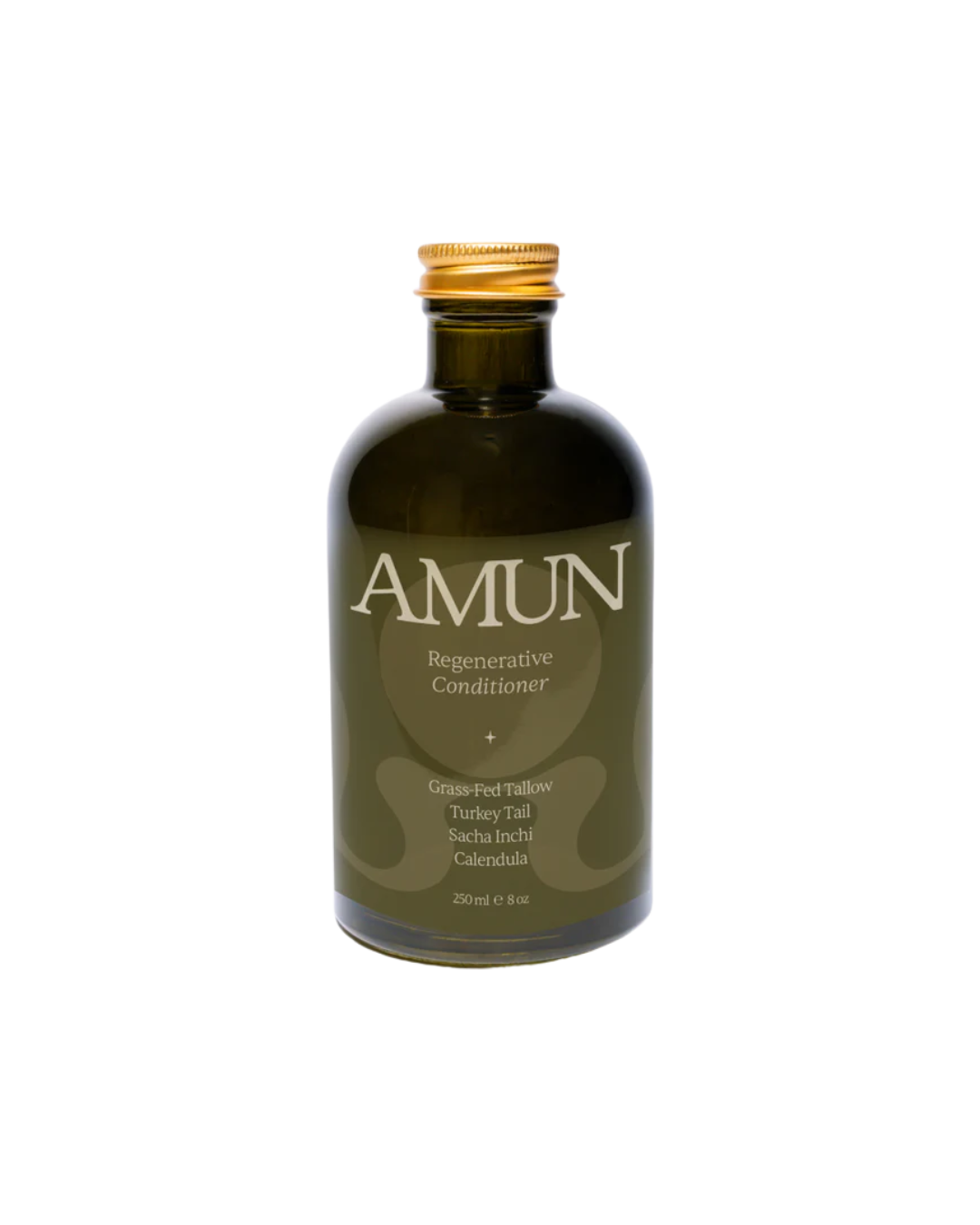 Amun Organics REGENERATIVE CONDITIONER is an organic botanical hair conditioner in a dark green bottle with a gold cap, made with grass-fed tallow, turkey tail, sacha inchi, and calendula; 250 ml.