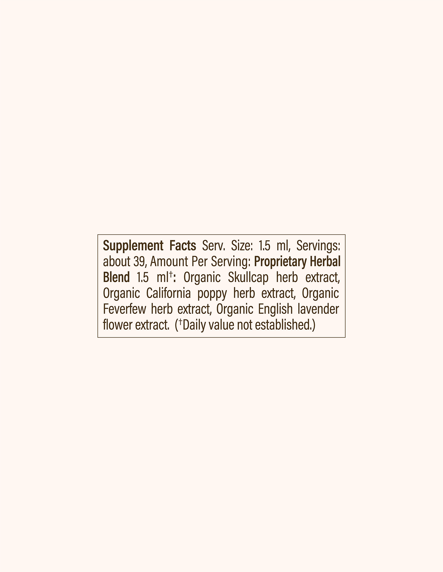 The supplement facts label for the Head Helper Tincture by WOODEN SPOON HERBS indicates a serving size of 1.5 ml with 39 servings per container. It includes a proprietary herbal blend comprising organic skullcap herb extract, organic poppy herb extract, organic feverfew herb extract, and organic English lavender flower extract.