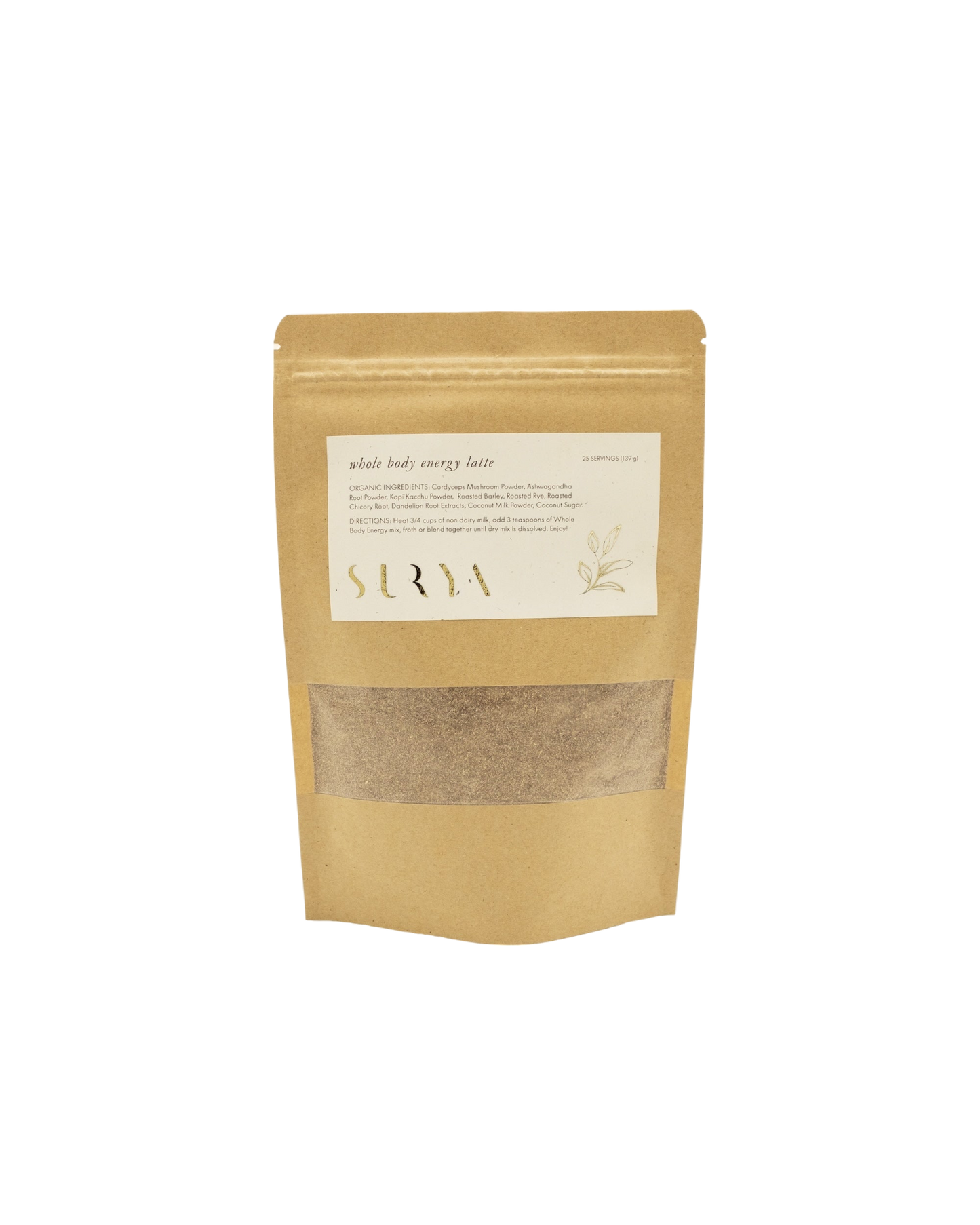 A brown kraft-paper bag from the brand "Surya," labeled "Whole Body Energy Latte," contains 150 g of powder. Promising benefits for whole-body energy, the front features a small descriptive paragraph and an illustration of a leaf in the bottom right corner. Each bag provides 30 servings to keep you energized.