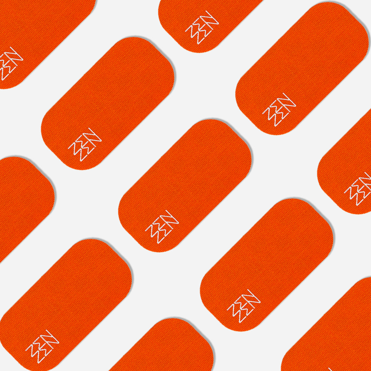 A repeating pattern of orange rectangles featuring a white minimalist lightning bolt in one corner, inspired by Zenzentape’s Socal Sunset Mouthtape, is arranged diagonally in alternating rows on a white background.