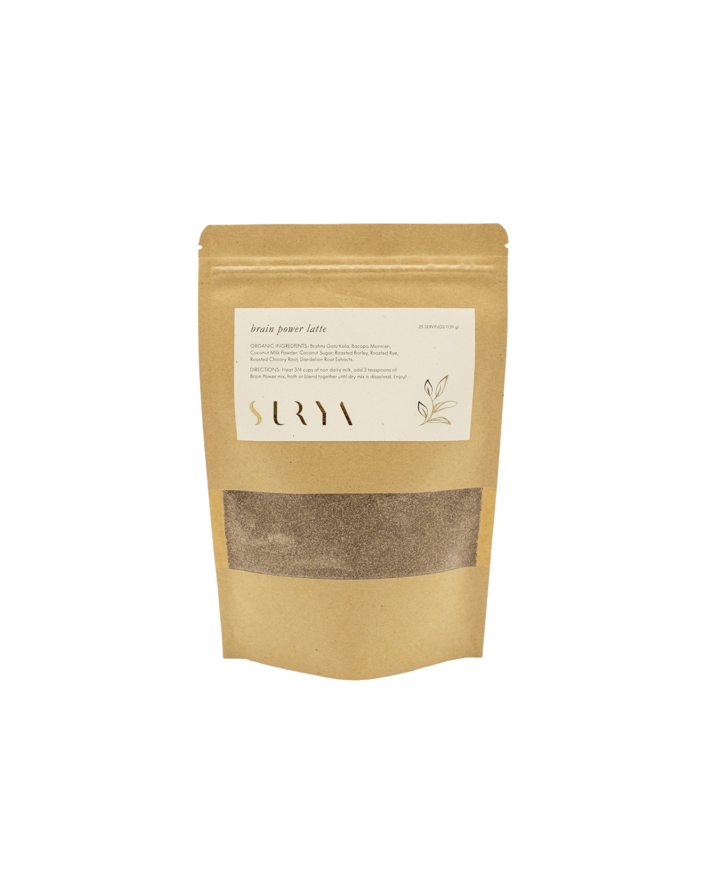 A brown paper package labeled "Brain Power Latte" from the brand Surya, fulfilled by Surya in the United States. The packaging has a window that reveals the powdery contents inside. The label describes the product, lists "30 Servings," and features the brand name "Surya" along with minimalist botanical illustrations.