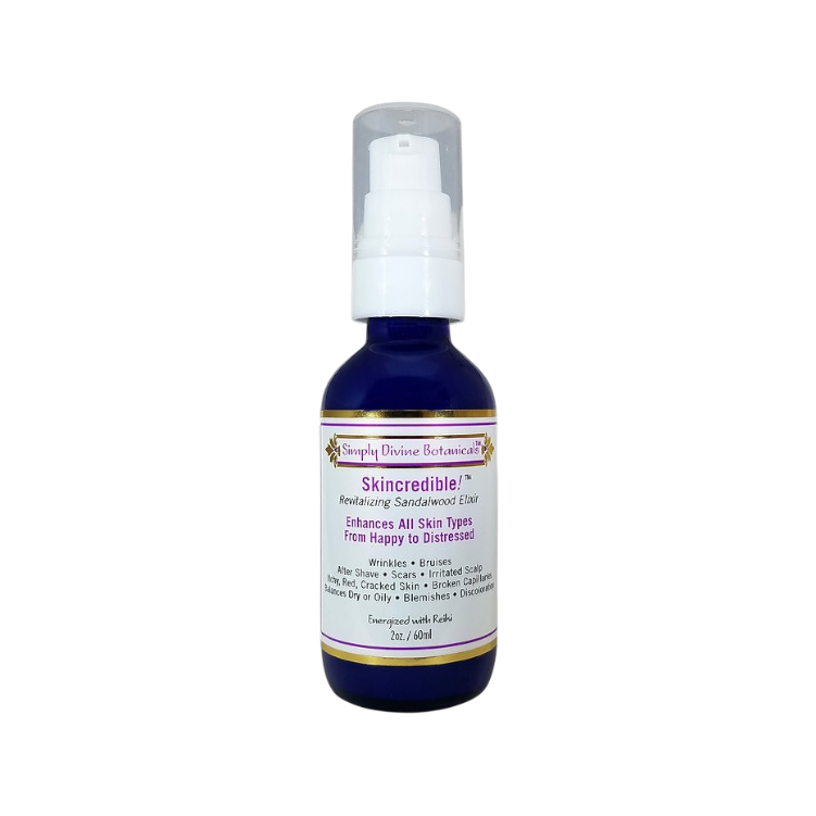 A blue bottle with a white pump labeled "Skincredible Sandalwood Revitalizing Elixir" by Simply Divine Botanicals, suitable for all skin types and supporting skin barrier recovery. Contains 2 oz (60 ml) of product.