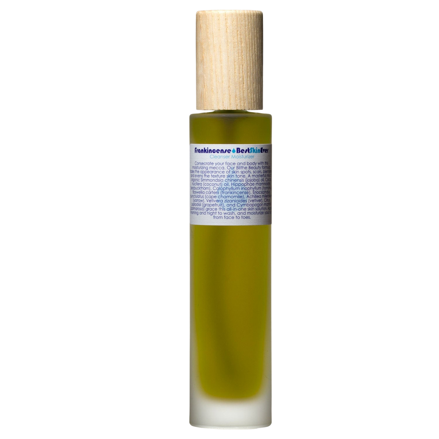 A sleek and minimalistic cylindrical bottle of green Best Skin Ever Cleanser - Frankincense by Living Libations, topped with a light wooden cap and labeled with detailed ingredients and uses, including its potential as an acne redness soothing cleanser exfoliator moisturizer, set against a black background.