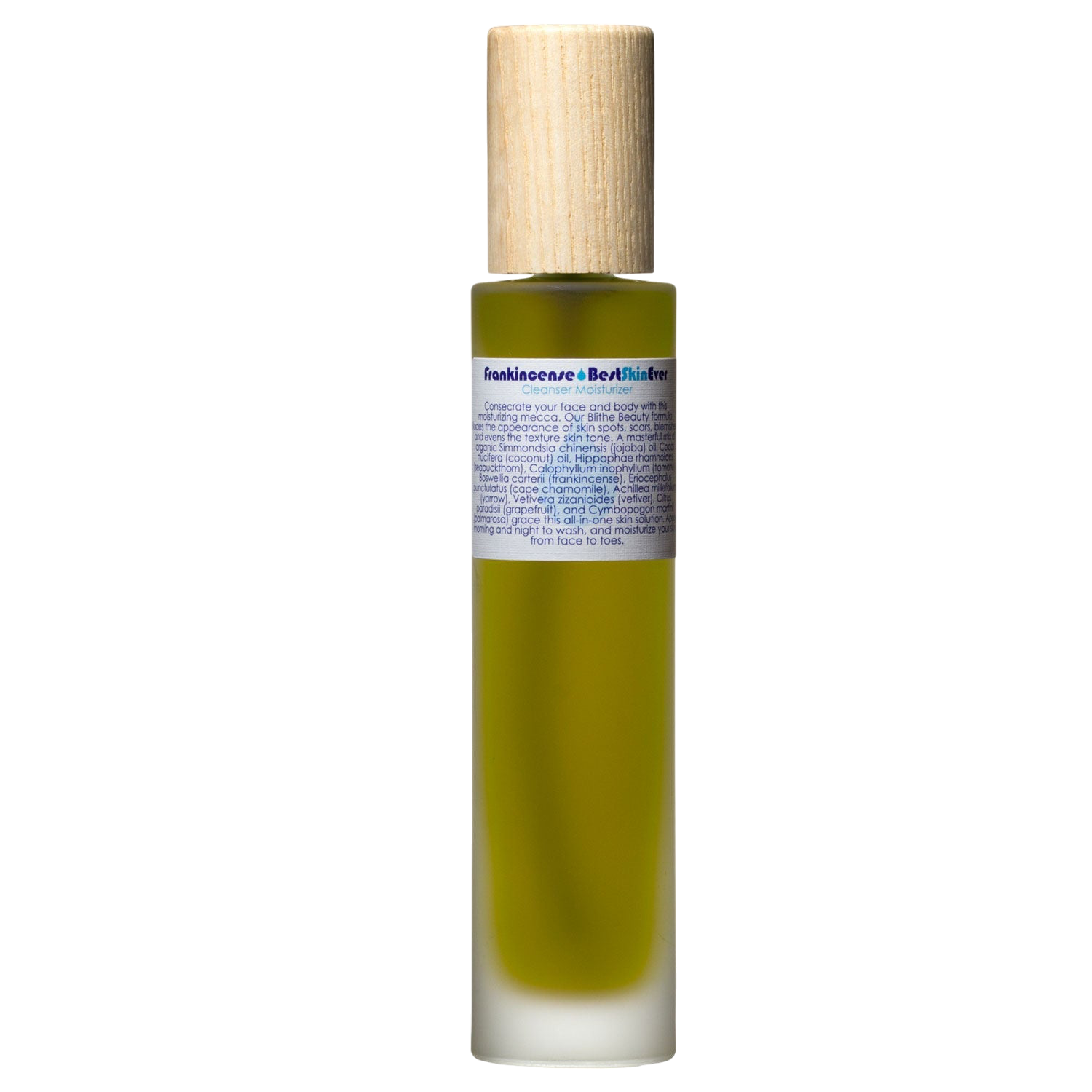 A sleek and minimalistic cylindrical bottle of green Best Skin Ever Cleanser - Frankincense by Living Libations, topped with a light wooden cap and labeled with detailed ingredients and uses, including its potential as an acne redness soothing cleanser exfoliator moisturizer, set against a black background.