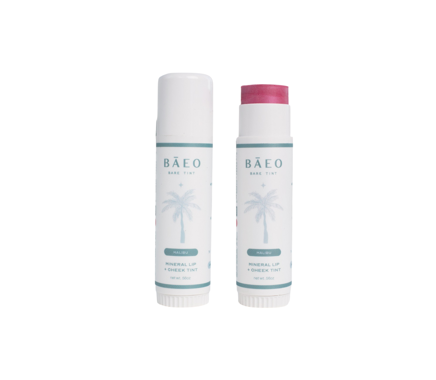 Two tubes of Bare Essential Organics' bare tint 'malibu' are shown. One is closed with a white cap, while the other is open, revealing its natural pink color. Both have a palm tree design on their labels.
