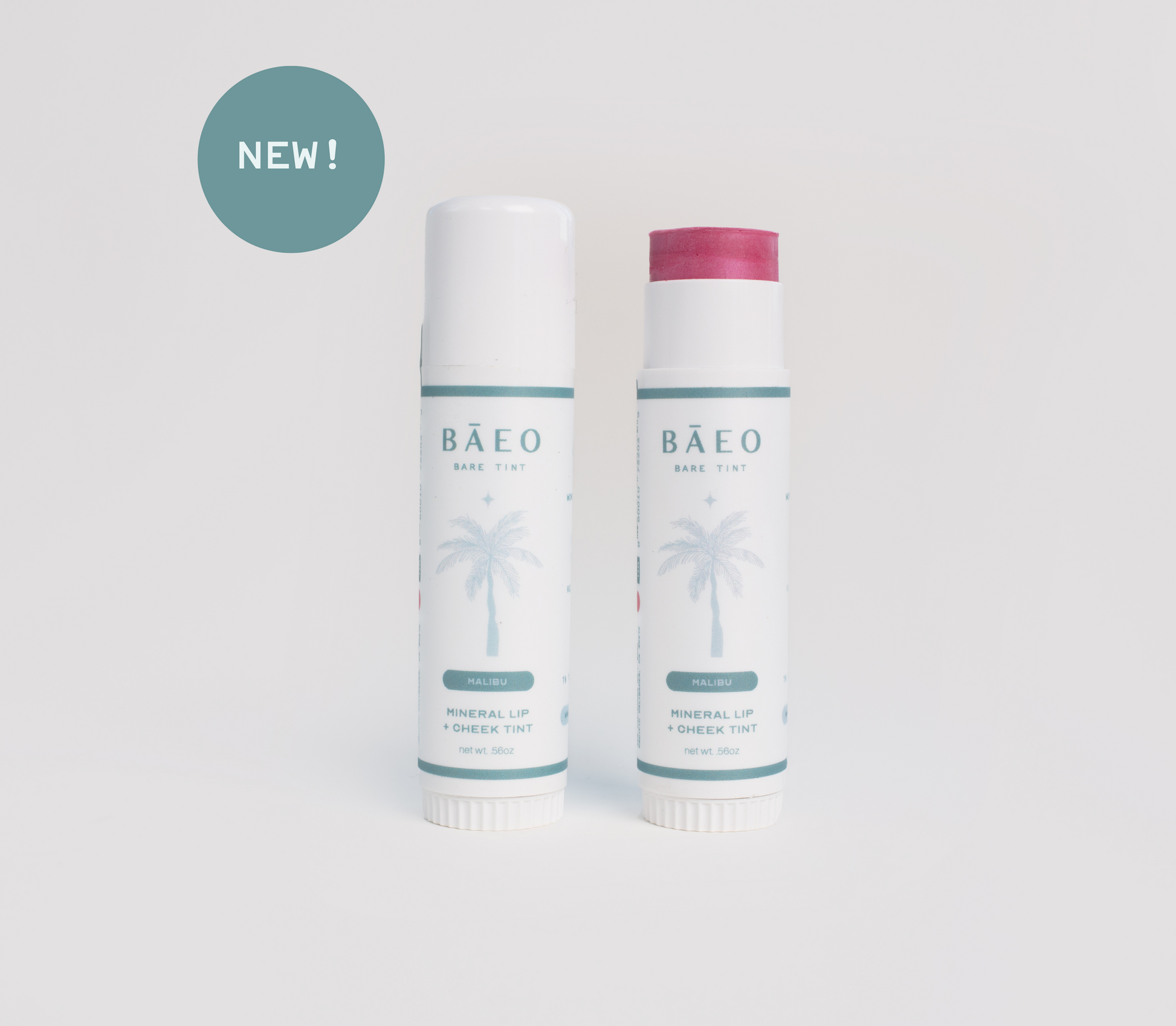 Two upright cylindrical tubes on a white background are labeled "Bare Essential Organics" bare tint 'malibu.' One tube is closed while the other displays a rosy, natural shade with a nourishing formula. A "NEW!" badge is displayed in the corner.