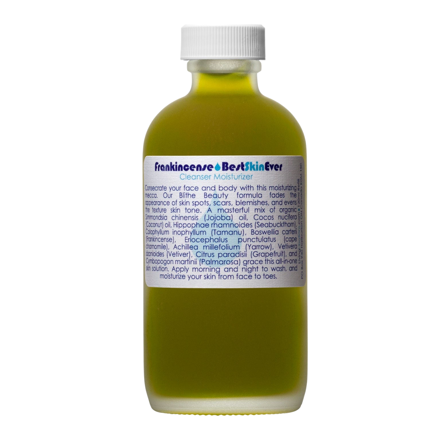 A bottle of "Living Libations Best Skin Ever Cleanser- Frankincense" filled with yellowish liquid. The bottle features a white cap and a label that includes product information, usage instructions, and an ingredient list. Enriched with Frankincense Oil, the text on the label is presented in dark blue and black.