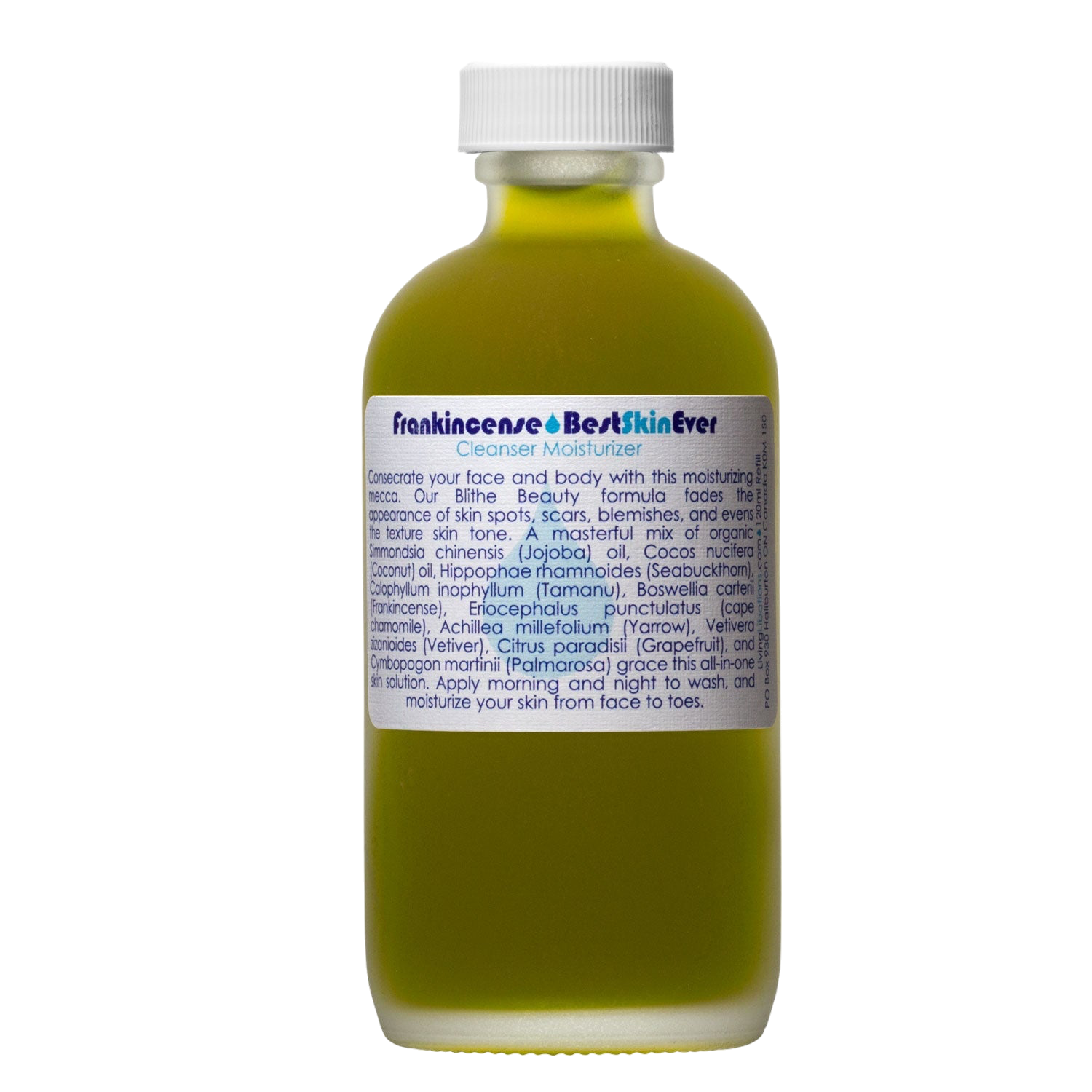 A bottle of "Living Libations Best Skin Ever Cleanser- Frankincense" filled with yellowish liquid. The bottle features a white cap and a label that includes product information, usage instructions, and an ingredient list. Enriched with Frankincense Oil, the text on the label is presented in dark blue and black.