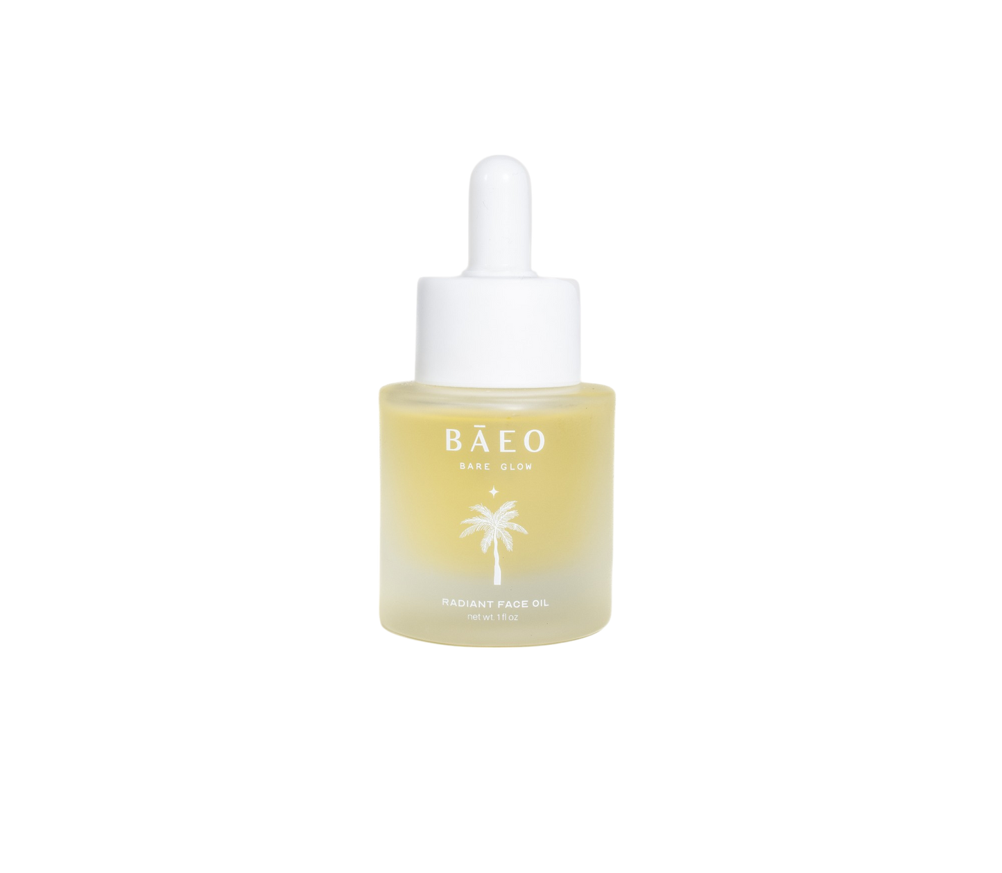 A small bottle of bare glow by Bare Essential Organics features a white dropper cap. The translucent bottle with yellow oil displays a palm tree logo and text on the front. Infused with antioxidants for radiant skin, it stands out against the plain black background.
