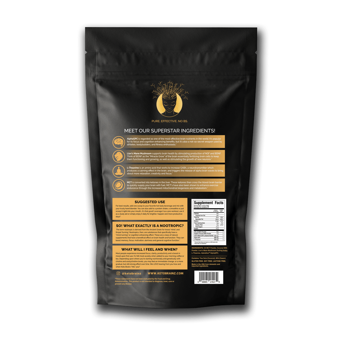 The back view of a black supplement bag features Keto Brainz Nootropic Creamer. It highlights the ingredients, including Lion's Mane Mushroom, along with benefits, suggested use, supplement facts, and company information. The design showcases gold and white accents on a sleek black background.