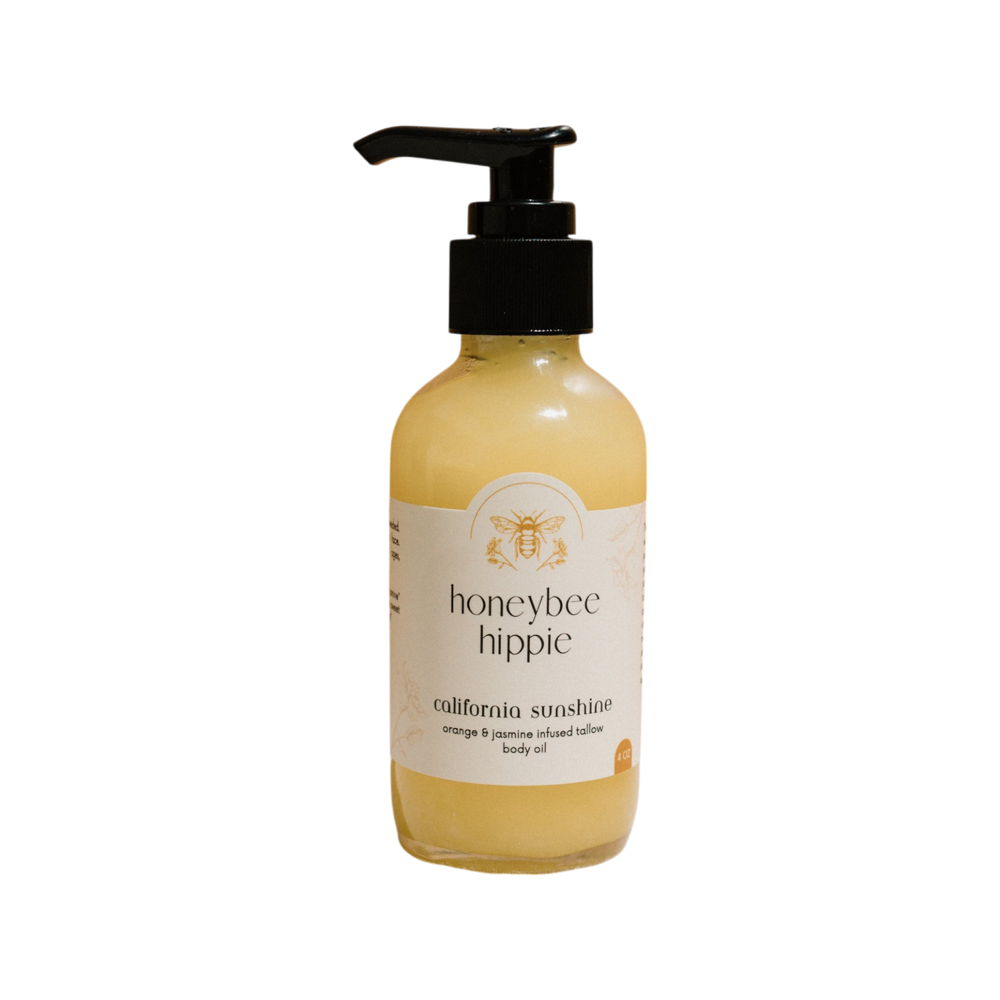 Honeybee Hippie's "California Sunshine" tallow oil features a pump dispenser and decorative bee logo; it's infused with organic orange peel and jasmine, containing a vibrant yellow, non-comedogenic liquid.