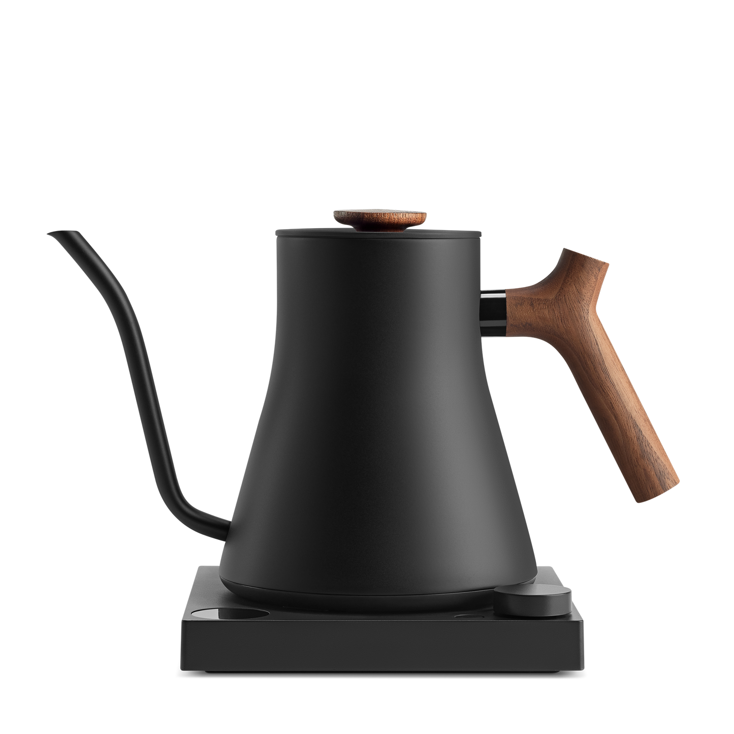 A sleek black pour-over kettle with a gooseneck spout and a wooden handle, the Stagg EKG Pro Electric Kettle from Fellow Wholesale sits on a matching black base. The design is minimalist and modern, combining metal and wood elements, and features customizable brew settings for the perfect cup every time.