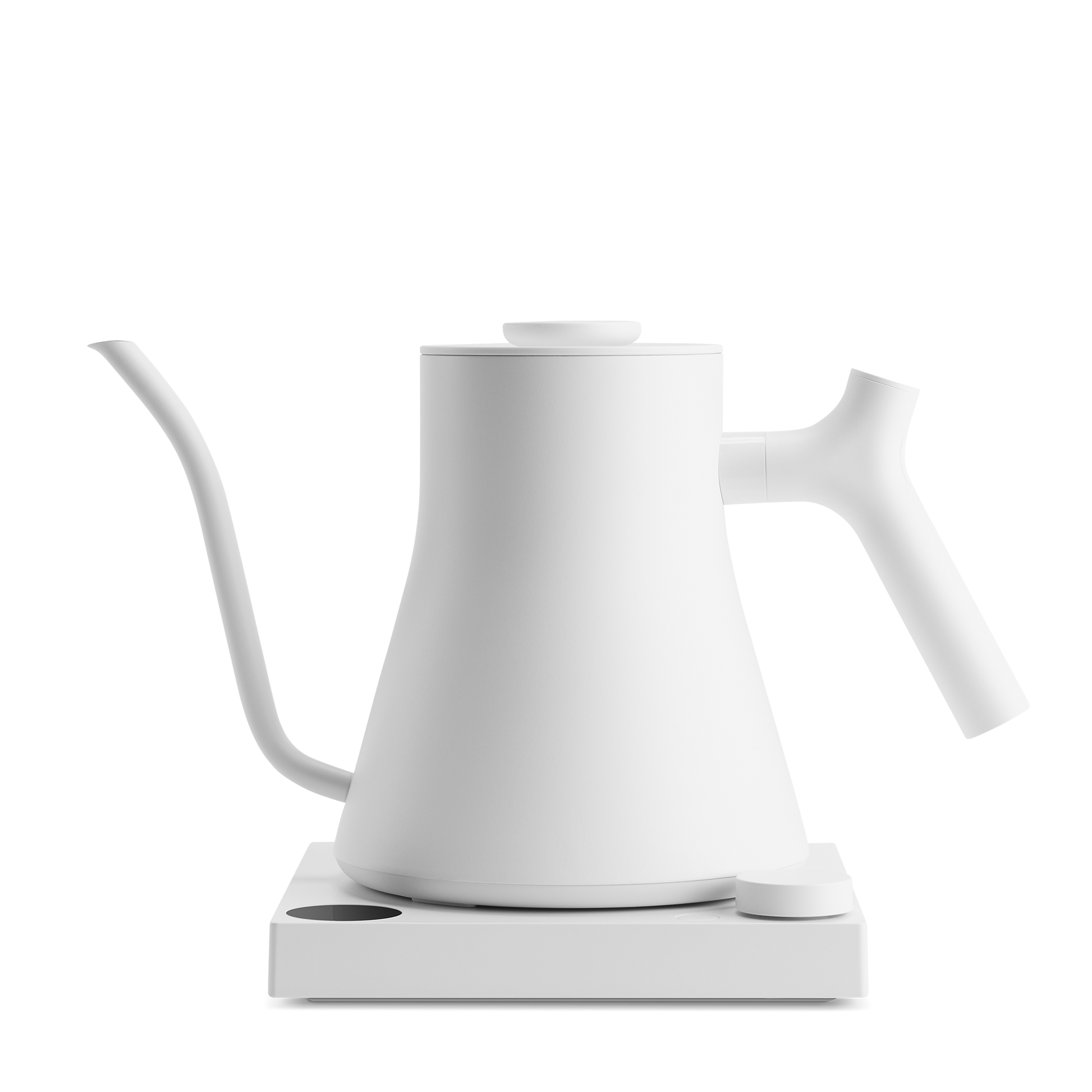 The Stagg EKG Pro Electric Kettle by Fellow Wholesale is a minimalist white pour-over kettle, featuring a slender curved spout and a sleek handle on a square base. With modern elegance and precision temperature control, it is ideal for pouring precise amounts of water, perfect for making pour-over coffee or tea.