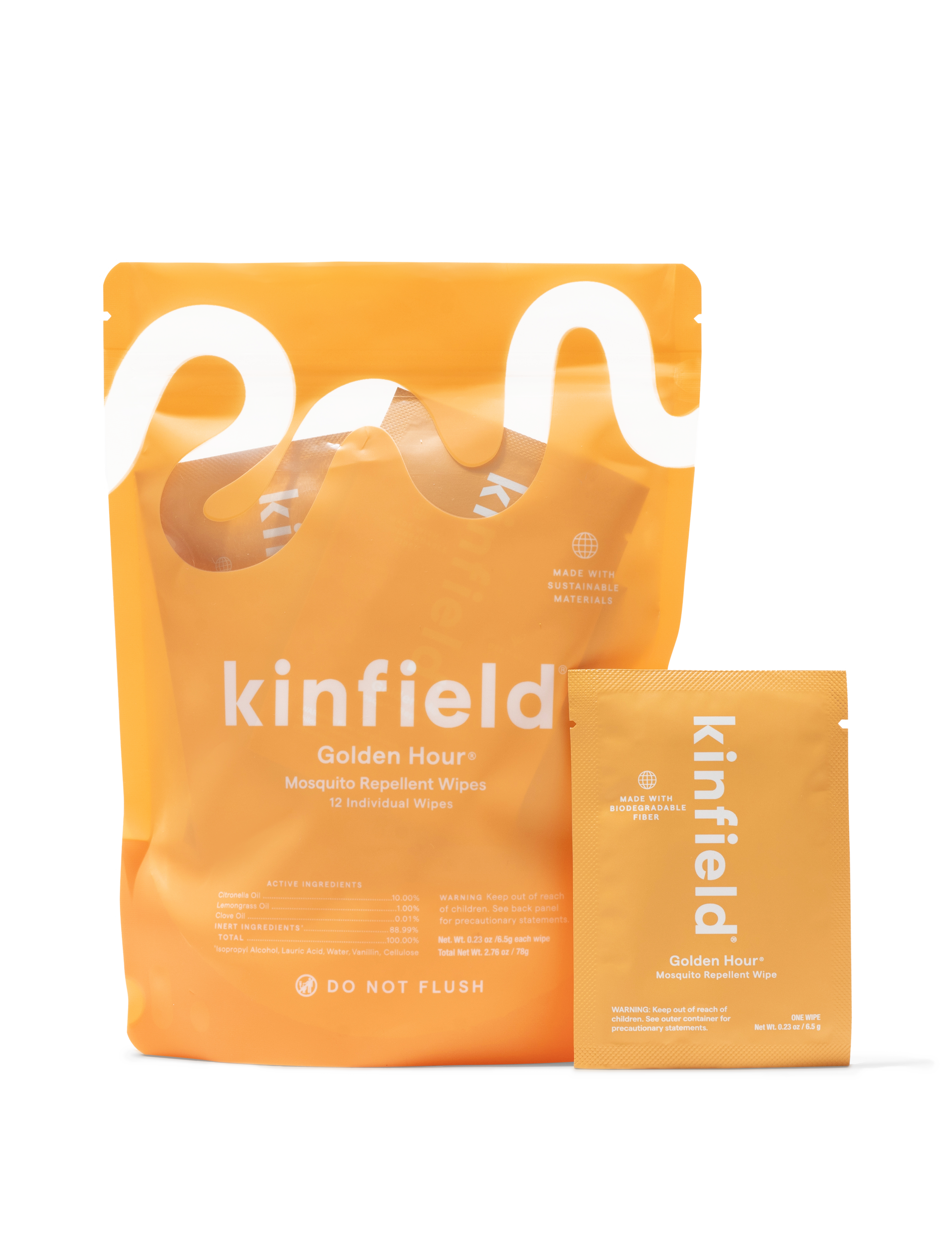Image of Kinfield Golden Hour™ Wipes packaging. The larger orange pouch contains 12 individual Indonesian citronella wipes, while a single smaller wipe packet is displayed in front. The design features white text and graphics, including usage instructions and product details.