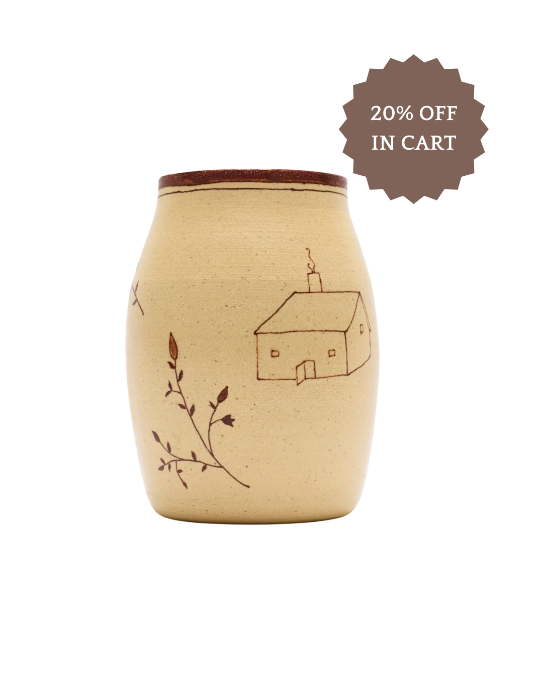 The Baile Homestead Vase by Baile is a handmade beige ceramic vase with a brown house and branch design plus a brown rim—perfect for natural decor. Save 20% in cart.