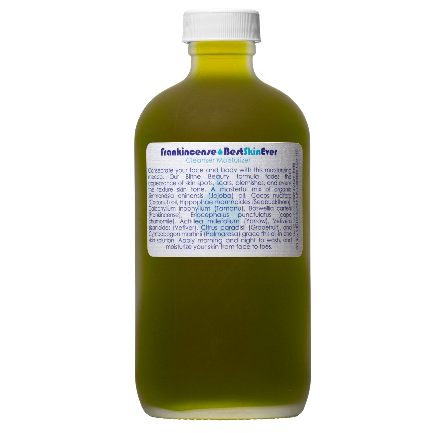 A green bottle labeled "Best Skin Ever Cleanser- Frankincense" by Living Libations contains a cleanser, exfoliator, and moisturizer. The label details ingredients and usage for face and body, noting its calming effect on acne redness. Topped with a white cap, the label text is in shades of green and blue.