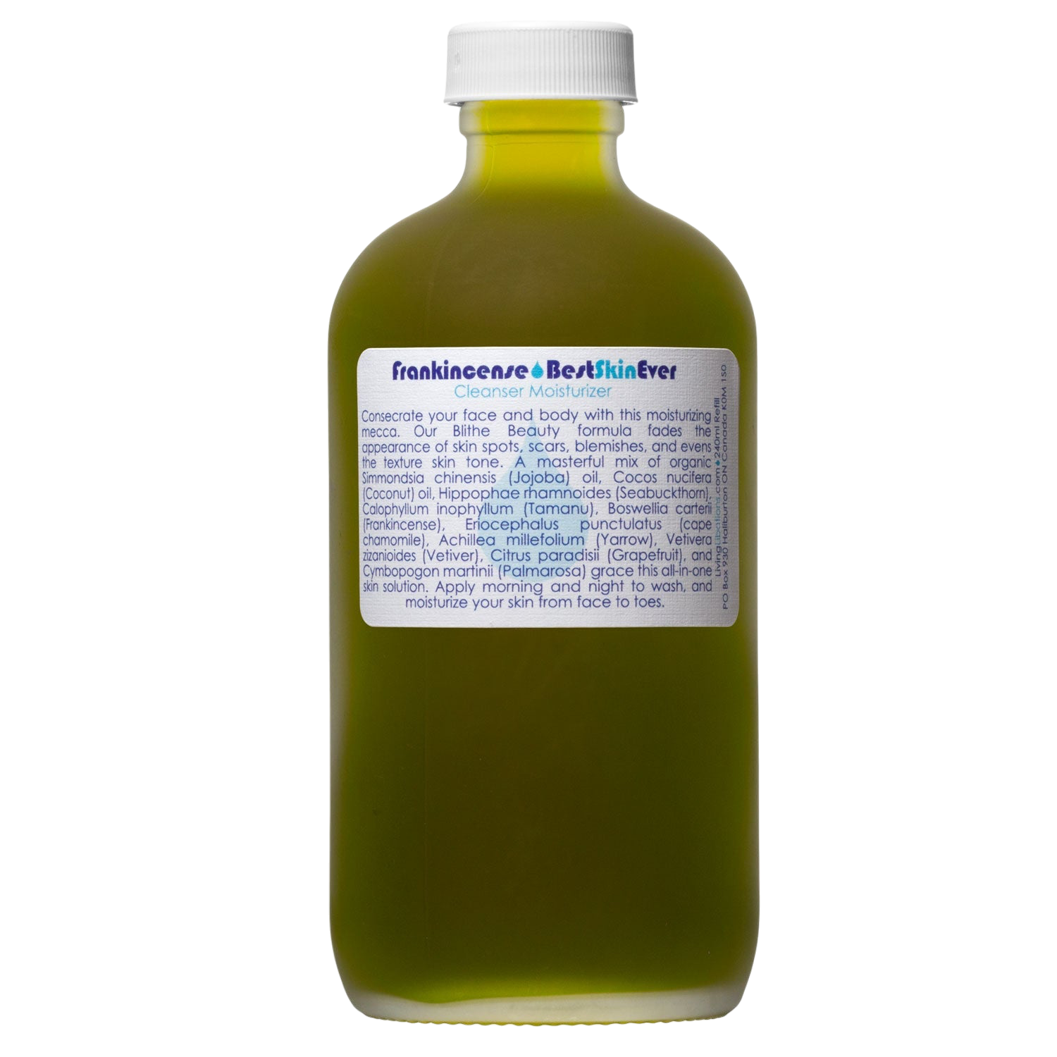 A green bottle labeled "Best Skin Ever Cleanser- Frankincense" by Living Libations contains a cleanser, exfoliator, and moisturizer. The label details ingredients and usage for face and body, noting its calming effect on acne redness. Topped with a white cap, the label text is in shades of green and blue.