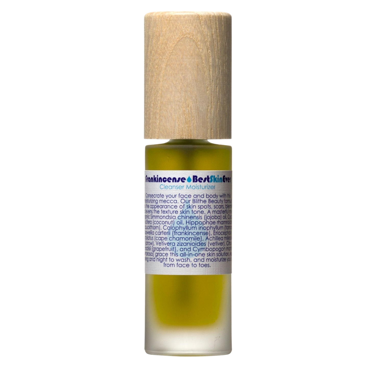 A small cylindrical bottle of Best Skin Ever Cleanser - Frankincense by Living Libations, featuring a wooden cap and a transparent body showing a yellow liquid inside. Infused with Frankincense Oil, the label reads "frankincense Best Skin Ever" with instructions and ingredients listed in smaller text.