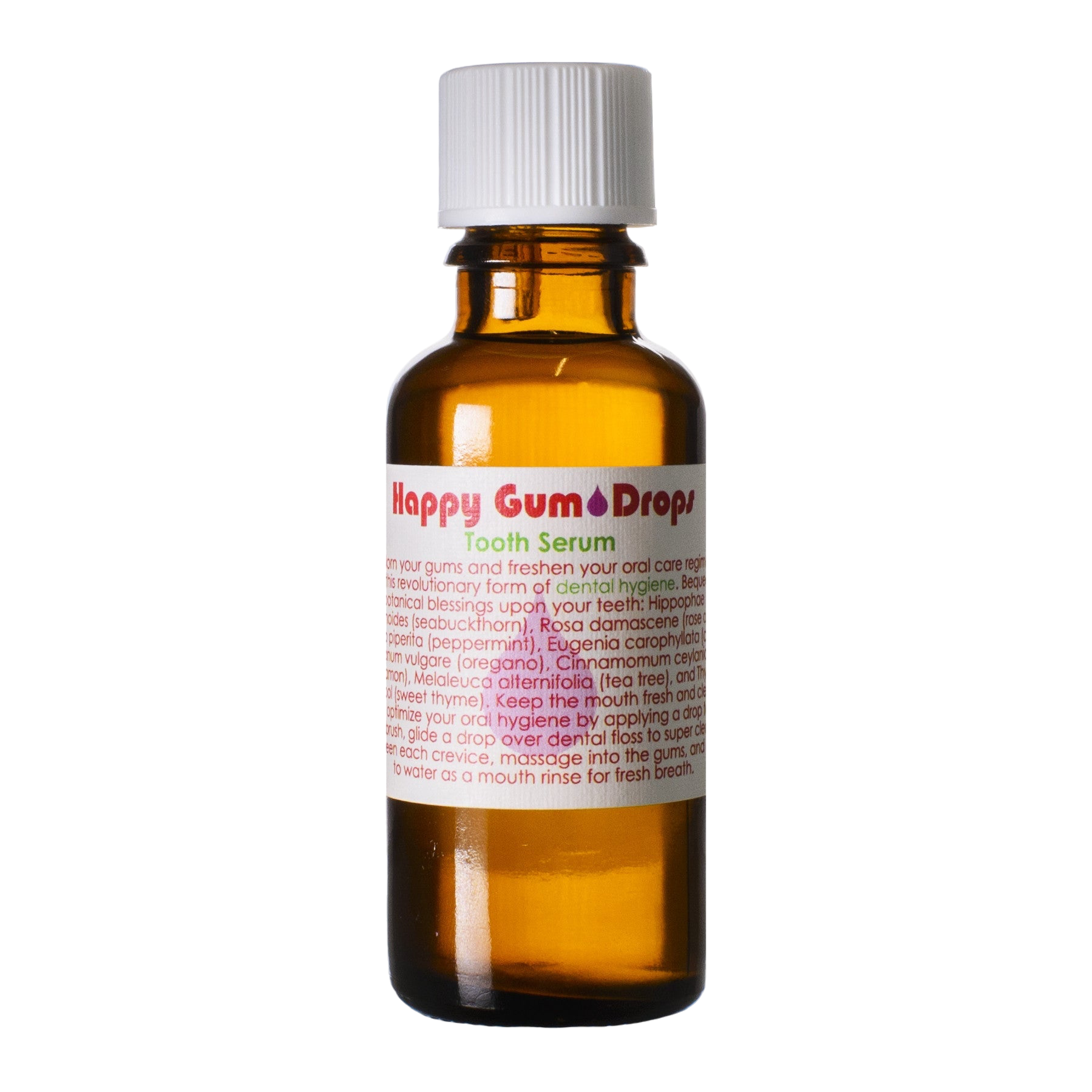 An amber glass bottle labeled "Living Libations Happy Gum Drops" with a white screw cap. The label has red and white text listing natural ingredients and usage instructions. The bottle appears to be designed for dental hygiene, promoting gum health and fresh breath.