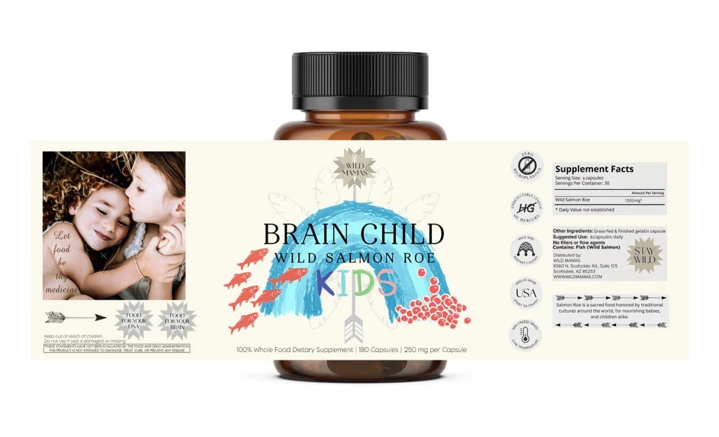 A brown bottle labeled "Brain Child" by Wild Mamas features a colorful child’s feather drawing, an image of two children cuddling, supplement facts, Omega-3 benefits, and assorted certification logos.