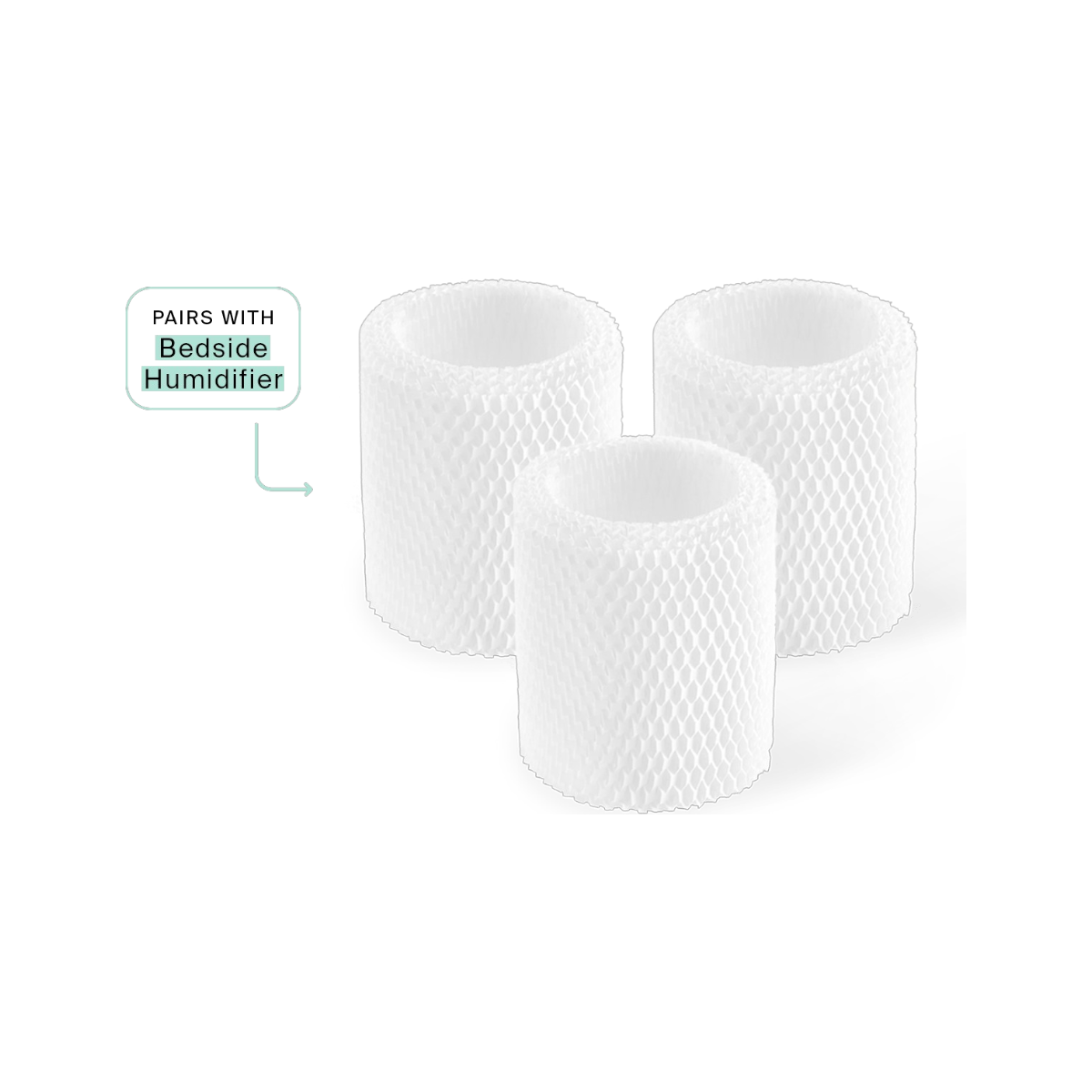 A black background features three white cylindrical mesh filters labeled with an arrow as "Bedside Humidifier," highlighting their anti-microbial properties for a healthier environment. They are the Canopy Bedside Humidifier Filter 3-Pack.