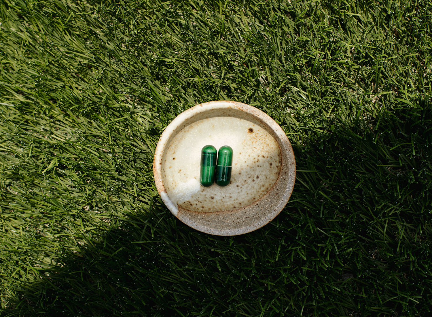 A small, slightly worn ceramic dish rests on a patch of lush green grass. Inside the dish are two Juna Gut Therapy Supplement capsules, packed with probiotics and placed side by side. A partial shadow stretches over the grass on the right side of the image.