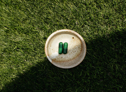 A small, slightly worn ceramic dish rests on a patch of lush green grass. Inside the dish are two Juna Gut Therapy Supplement capsules, packed with probiotics and placed side by side. A partial shadow stretches over the grass on the right side of the image.