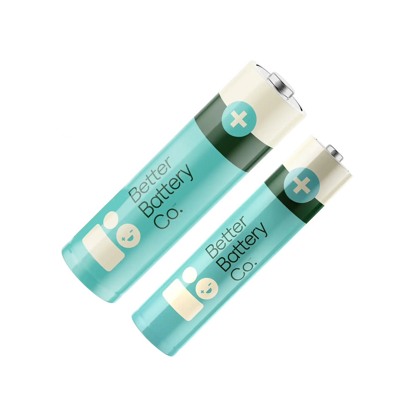 Two AA batteries from the AA, AAA Combo Battery Pack by Better Battery Co. are placed diagonally next to each other. The batteries feature a light blue and white color scheme with a plus sign near the top end, and the Better Battery Co. logo is clearly visible. They come in recyclable packaging to ensure a carbon-neutral footprint.