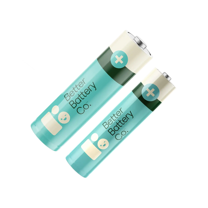 Two AA batteries from the AA, AAA Combo Battery Pack by Better Battery Co. are placed diagonally next to each other. The batteries feature a light blue and white color scheme with a plus sign near the top end, and the Better Battery Co. logo is clearly visible. They come in recyclable packaging to ensure a carbon-neutral footprint.