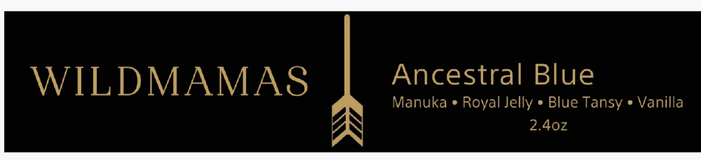 A black label with gold text reads "Wild Mamas" and "Ancestral Blue 2.4oz," highlighting Manuka, Royal Jelly, Blue Tansy, and Vanilla. A gold arrow separates sections, showcasing nutrient-rich tallow for regenerative bison tallow skincare.