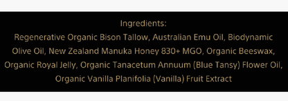Wild Mamas Ancestral Blue 2.4oz features a black background with gold text highlighting regenerative organic bison tallow, Australian emu oil, biodynamic olive oil, Manuka honey, and royal jelly for anti-inflammatory skincare.
