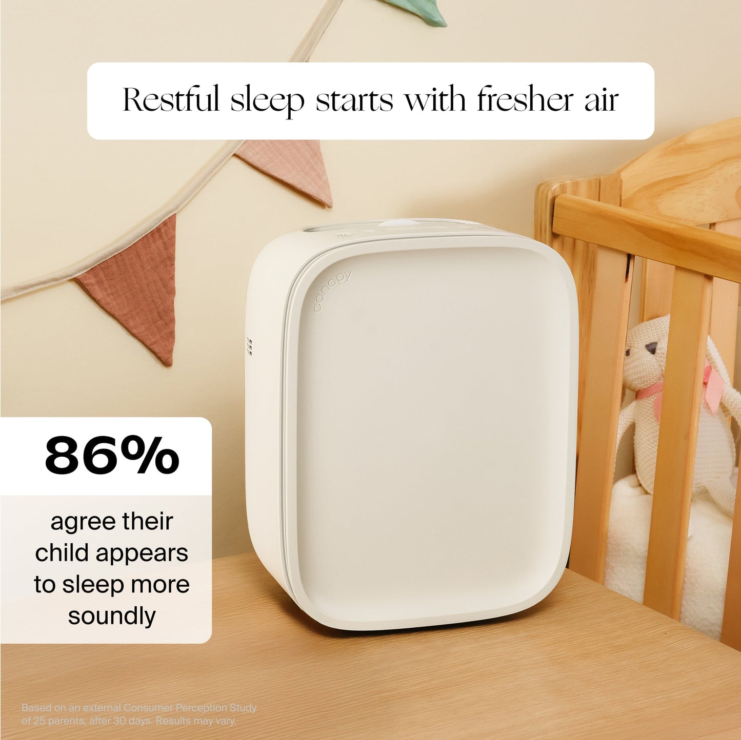 A Canopy Nursery Air Purifier sits on a wooden table near a crib in a nursery with pink bunting. Text: "Restful sleep starts with fresher air" and "86% agree their child appears to sleep more soundly." Fulfilled by Canopy.