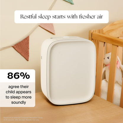 A Canopy Nursery Air Purifier sits on a wooden table near a crib in a nursery with pink bunting. Text: "Restful sleep starts with fresher air" and "86% agree their child appears to sleep more soundly." Fulfilled by Canopy.