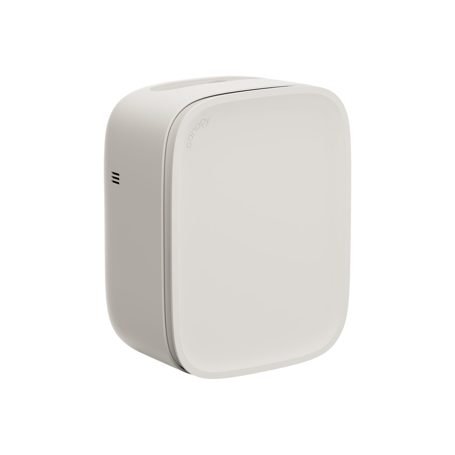 The Canopy Bedside Air Purifier is a sleek, modern white unit with rounded edges and a minimalist design. It features a small side vent and operates ultra-quietly, making it perfect for bedrooms.