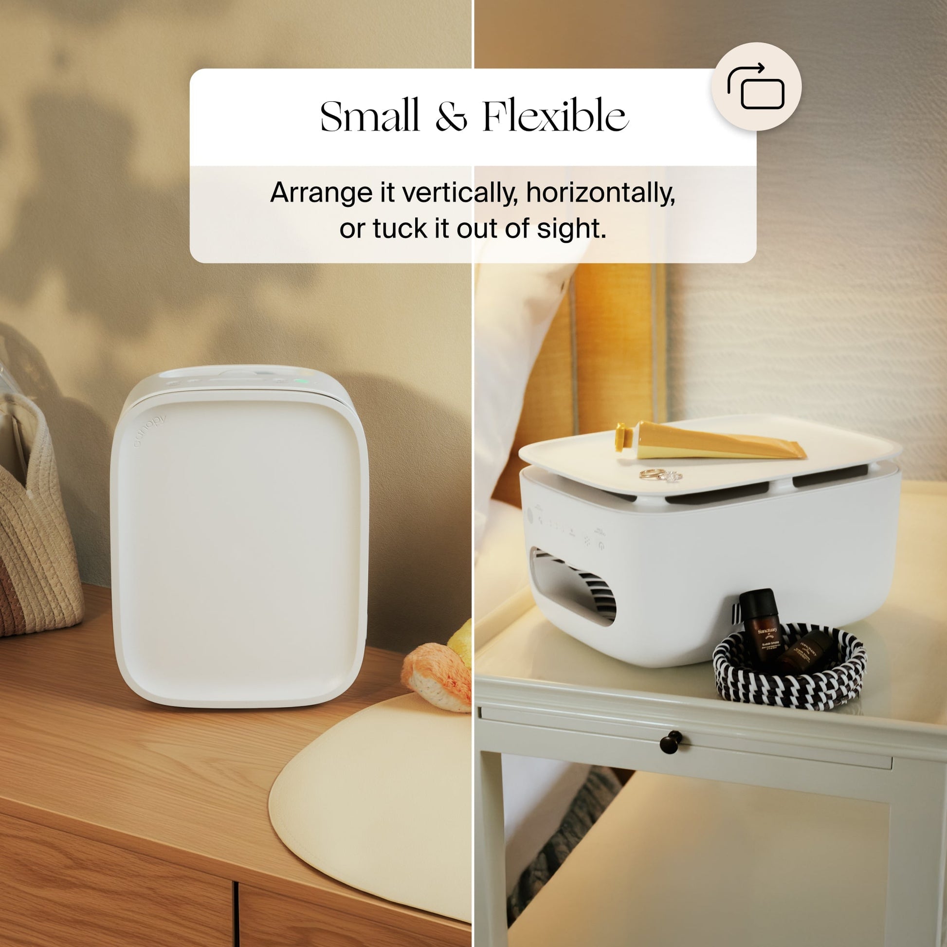The Canopy Nursery Air Purifier, in white, is shown upright on a nightstand and lying flat on a bedside table, showcasing its flexible placement in bedrooms. Fulfilled by Canopy. Text: “Small & Flexible.”.
