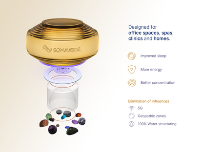 An Amber device from Somavedic USA floats above a glass cylinder filled with colorful crystals, providing 5G protection and EMF effects mitigation. The text on the right highlights its benefits: improved sleep, enhanced energy levels, better concentration, and elimination of geopathic zones. It's ideal for use in offices, spas, clinics, and homes.