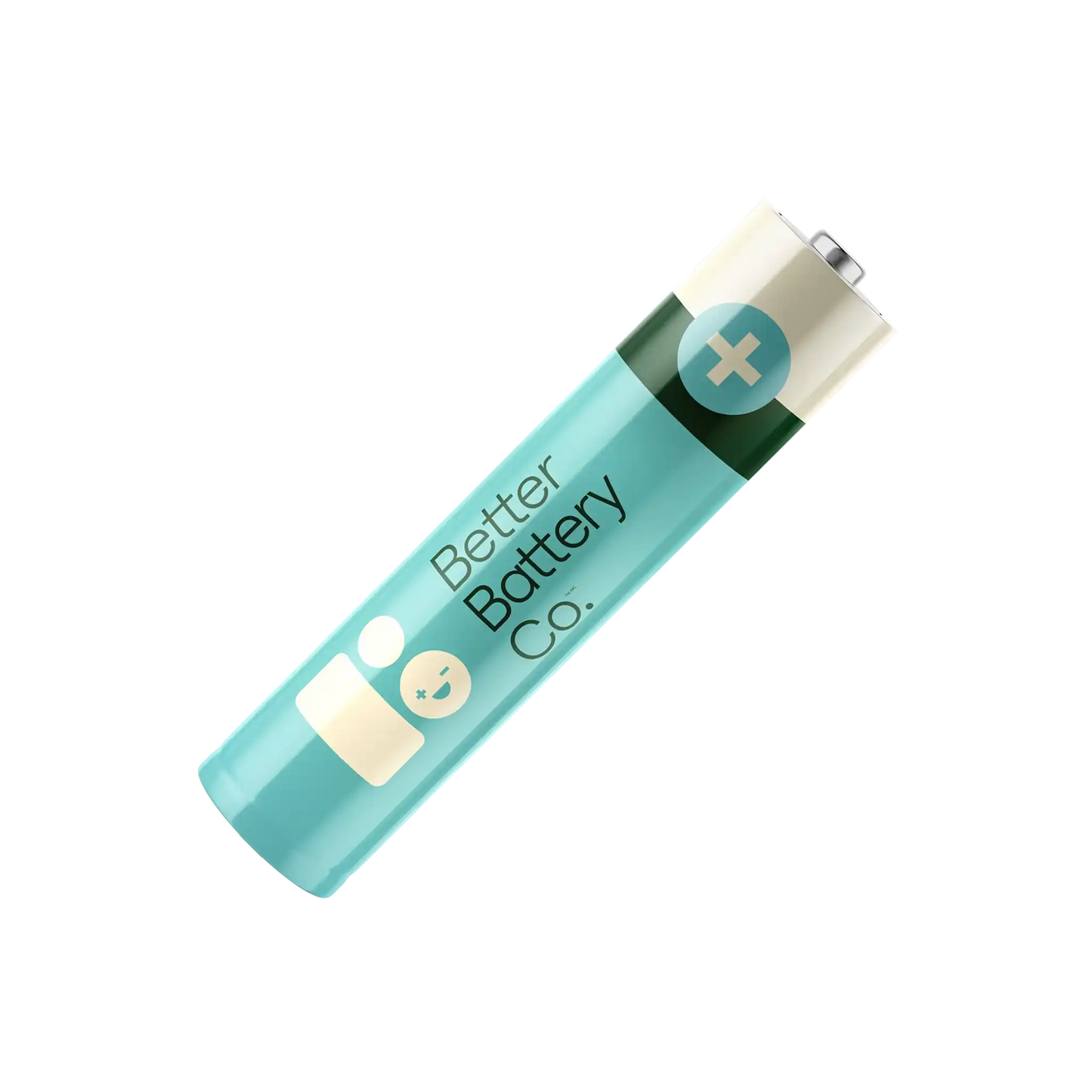 Image of a single cylindrical battery from the "AAA 40 Battery Pack" labeled "Better Battery Co." with a blue-green body and white top. The label features a smiley face icon and a plus symbol on the top. Positioned diagonally against a white background, this AAA alkaline battery boasts a 10-year shelf-life and is designed as a sustainable product.