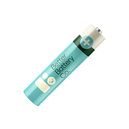 Image of a single cylindrical battery from the "AAA 40 Battery Pack" labeled "Better Battery Co." with a blue-green body and white top. The label features a smiley face icon and a plus symbol on the top. Positioned diagonally against a white background, this AAA alkaline battery boasts a 10-year shelf-life and is designed as a sustainable product.