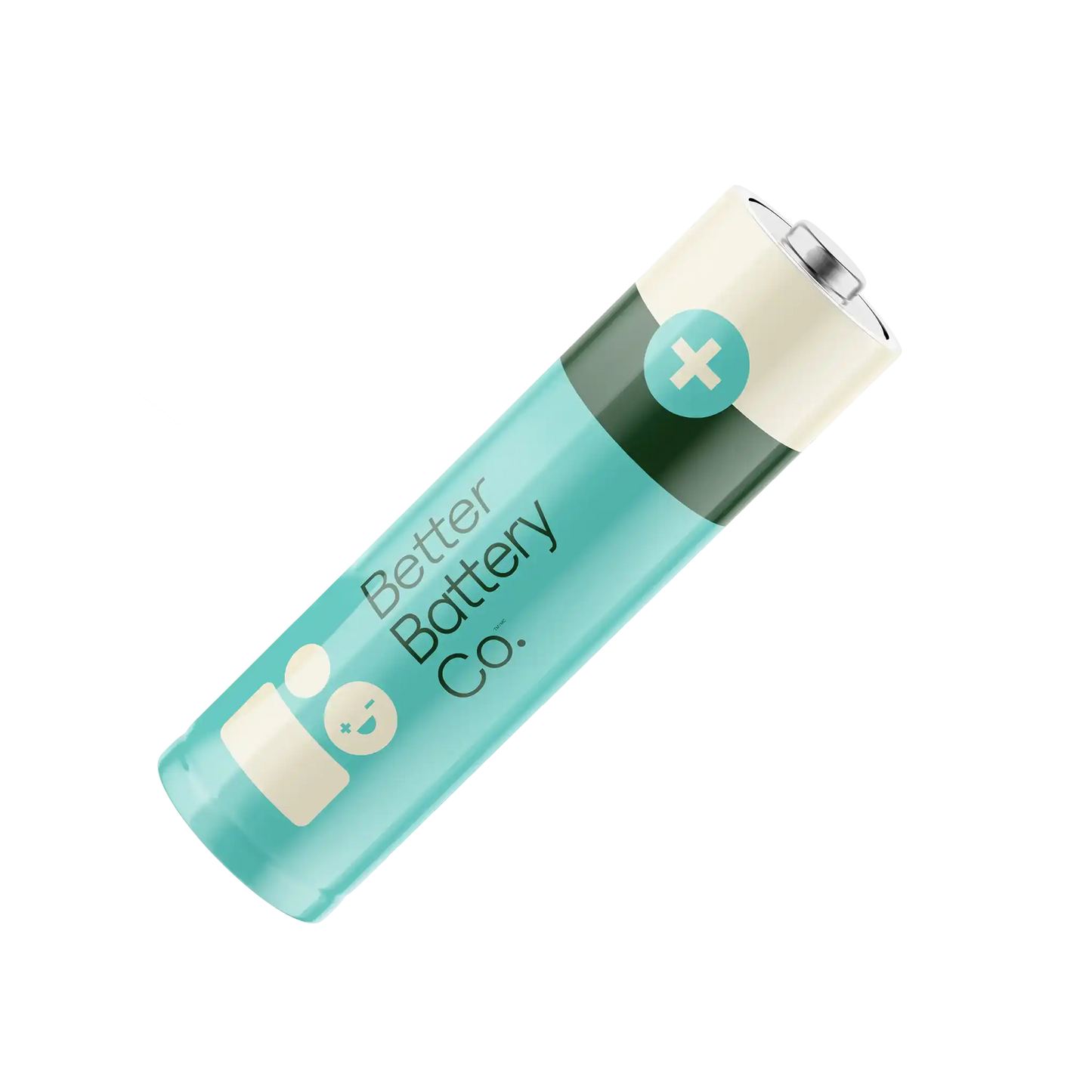An illustration shows a teal and white cylindrical battery from Better Battery Co., featuring a plus symbol. Part of the AA 40 Pack, this alkaline battery is renowned for its long-lasting performance. It is displayed in a diagonal position against a white background, highlighting its sustainability credentials.
