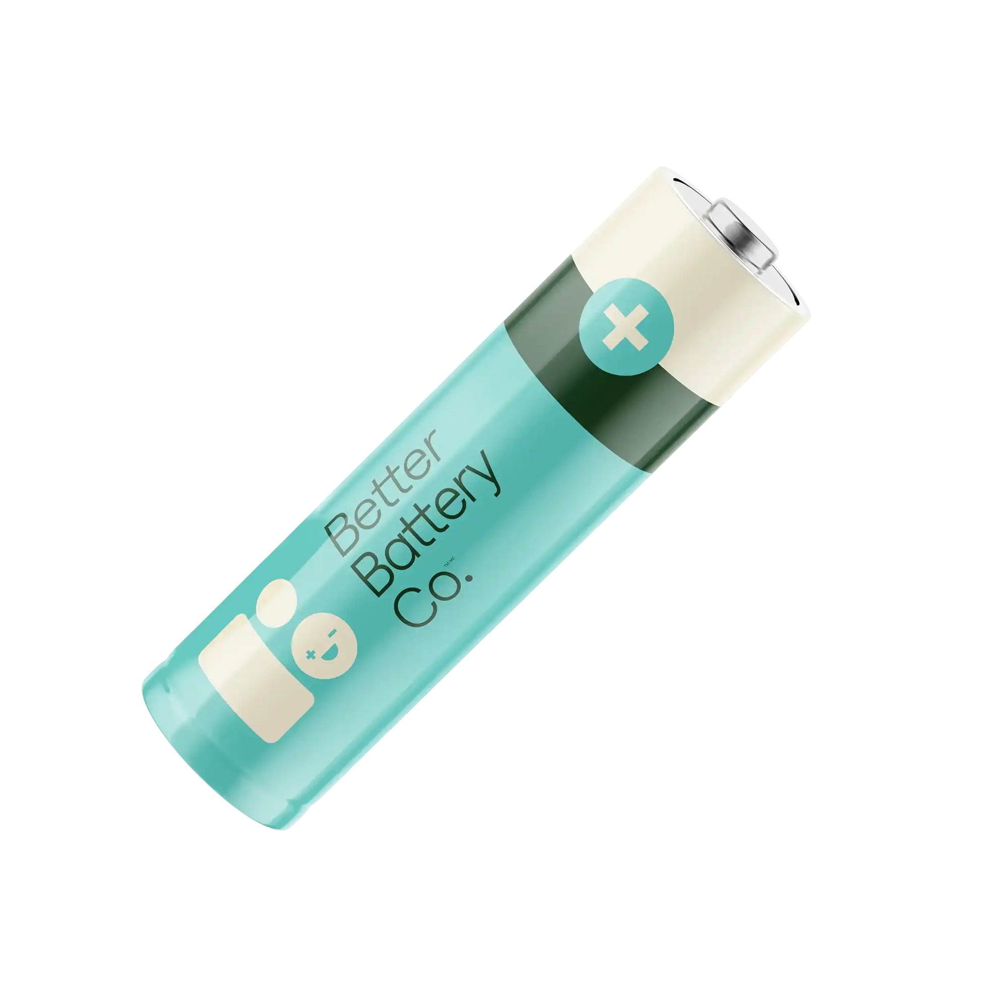 An illustration shows a teal and white cylindrical battery from Better Battery Co., featuring a plus symbol. Part of the AA 40 Pack, this alkaline battery is renowned for its long-lasting performance. It is displayed in a diagonal position against a white background, highlighting its sustainability credentials.