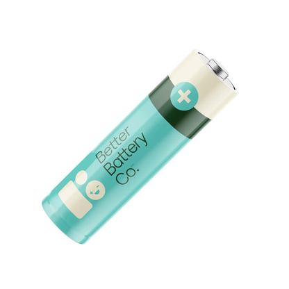 An illustration shows a teal and white cylindrical battery from Better Battery Co., featuring a plus symbol. Part of the AA 40 Pack, this alkaline battery is renowned for its long-lasting performance. It is displayed in a diagonal position against a white background, highlighting its sustainability credentials.