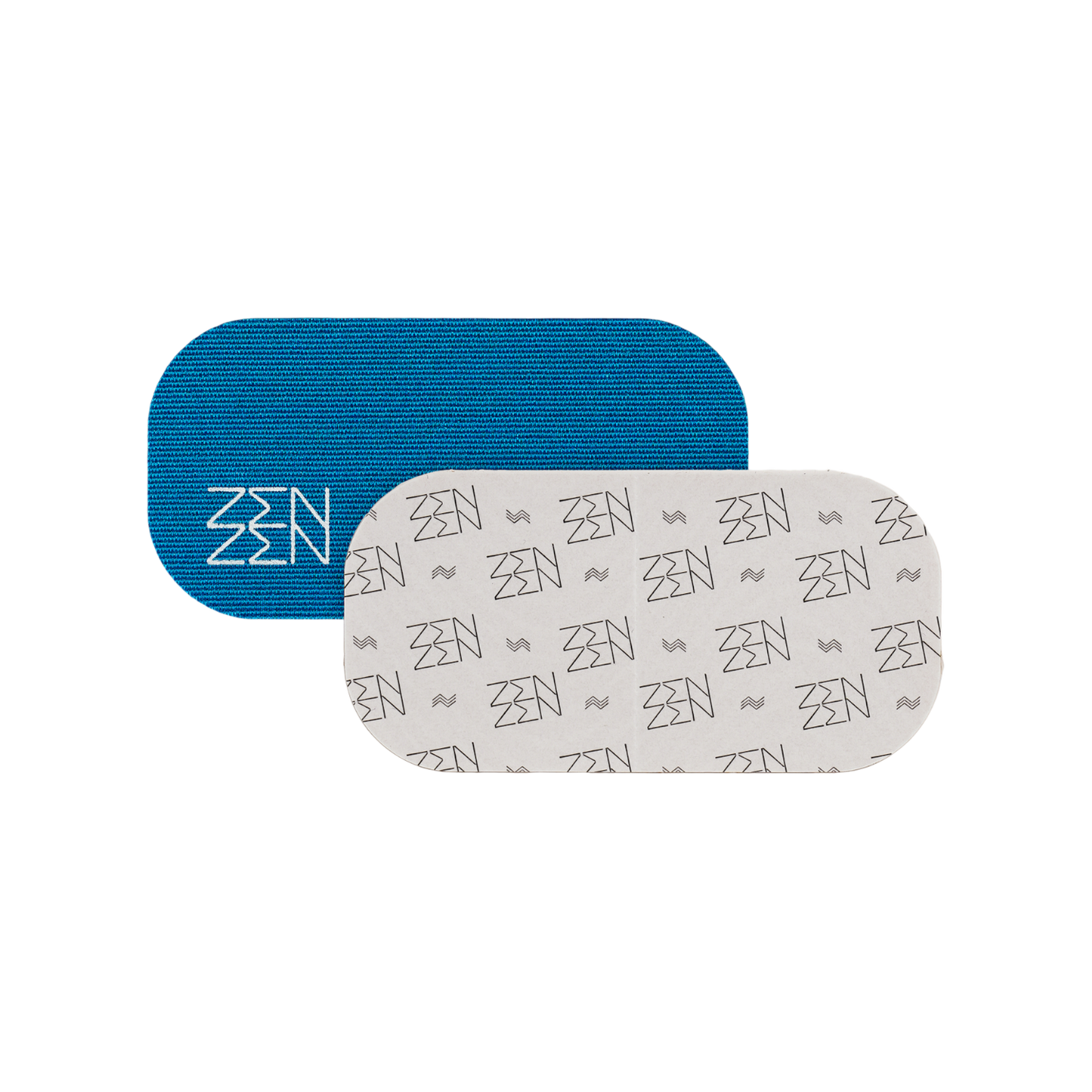 Two overlapping adhesive patches, Pacific Breeze Mouthtape by Zenzentape: one blue with a white "ZEN" logo, one white with a repeated black "ZEN" pattern. Both have rounded corners and a textured surface—ideal for nasal breathing or sleep support.