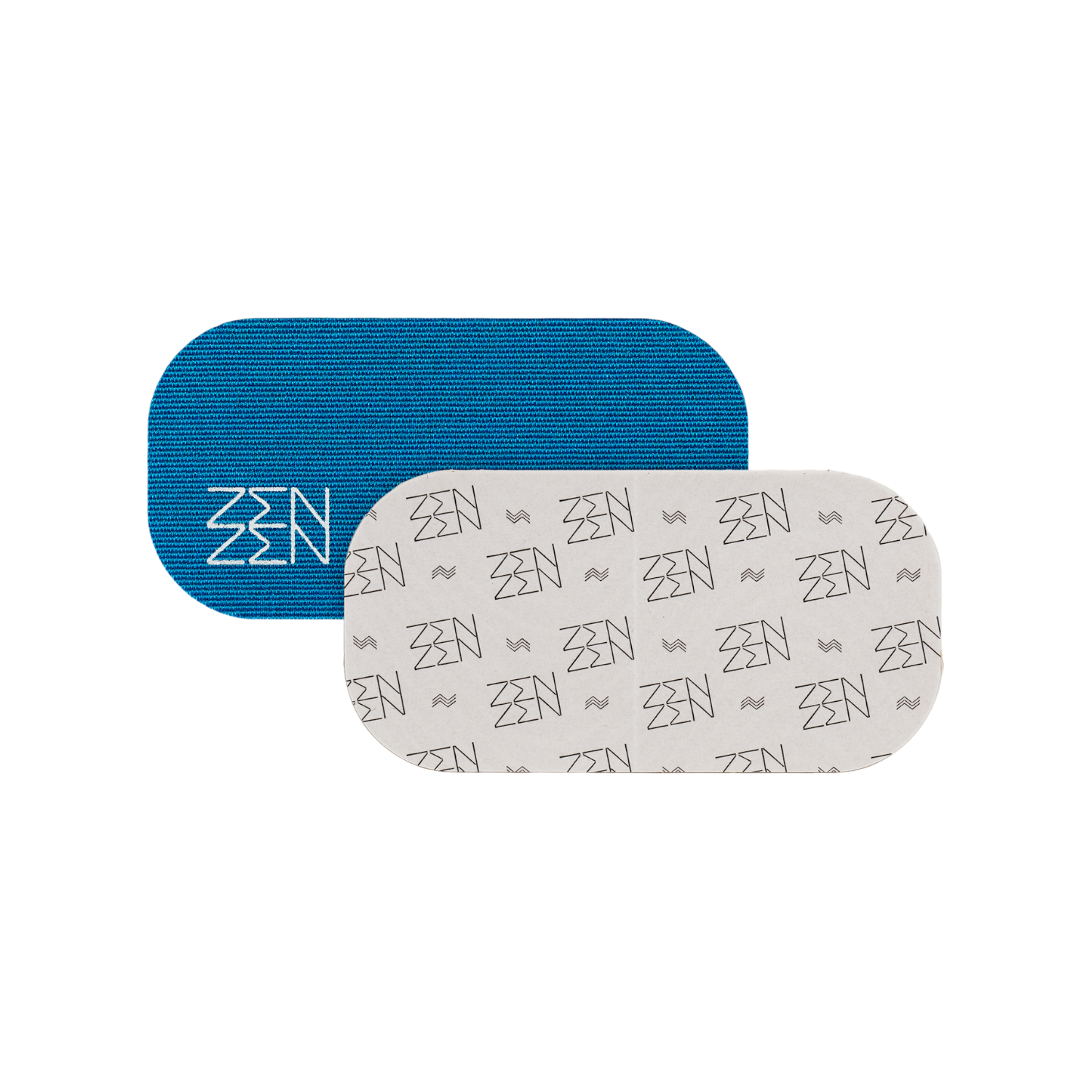 Two overlapping adhesive patches, Pacific Breeze Mouthtape by Zenzentape: one blue with a white "ZEN" logo, one white with a repeated black "ZEN" pattern. Both have rounded corners and a textured surface—ideal for nasal breathing or sleep support.