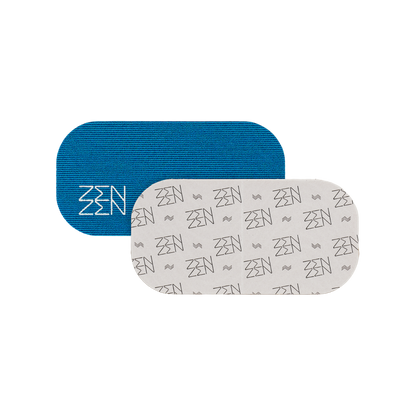Two overlapping adhesive patches, Pacific Breeze Mouthtape by Zenzentape: one blue with a white "ZEN" logo, one white with a repeated black "ZEN" pattern. Both have rounded corners and a textured surface—ideal for nasal breathing or sleep support.