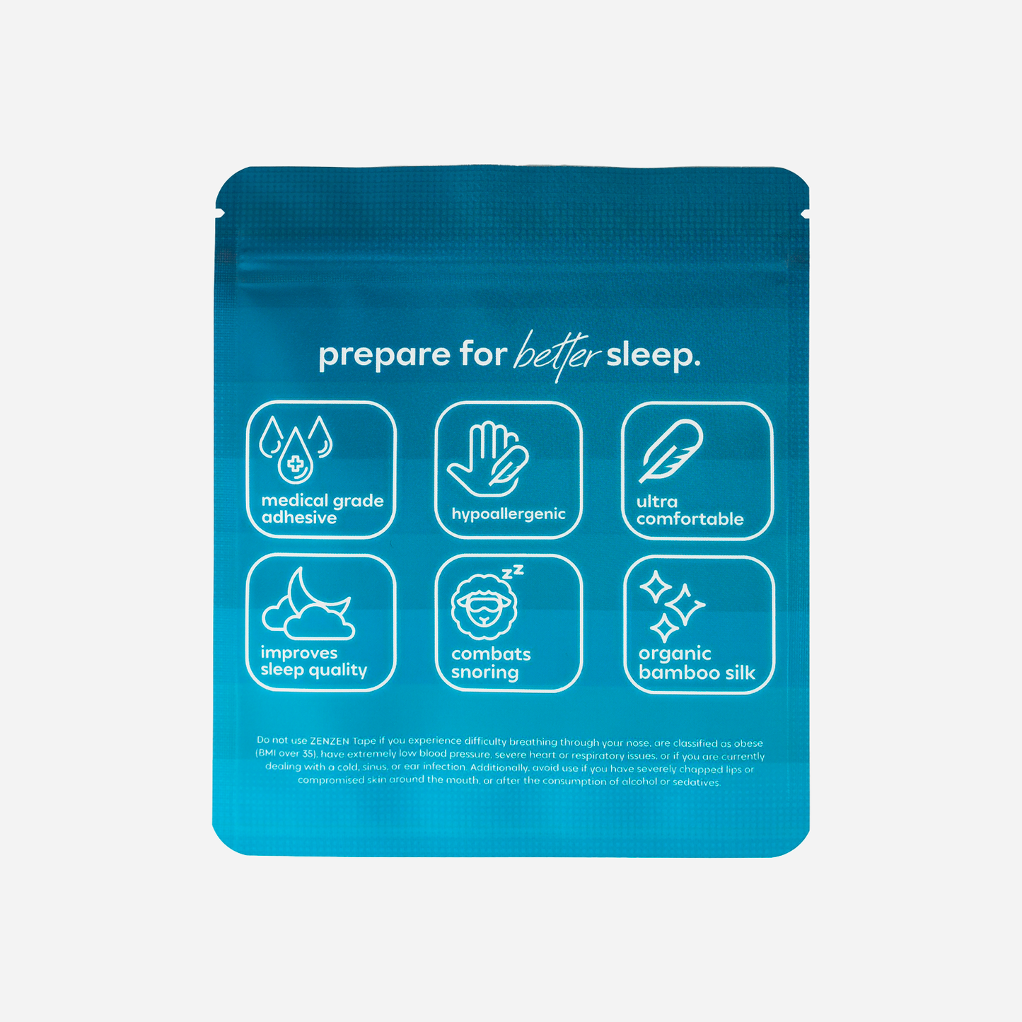 A blue Zenzentape Pacific Breeze Mouthtape pouch displays "prepare for better sleep" and icons highlighting medical-grade adhesive, hypoallergenic materials, ultra comfort, anti-snoring benefits, and organic bamboo silk.